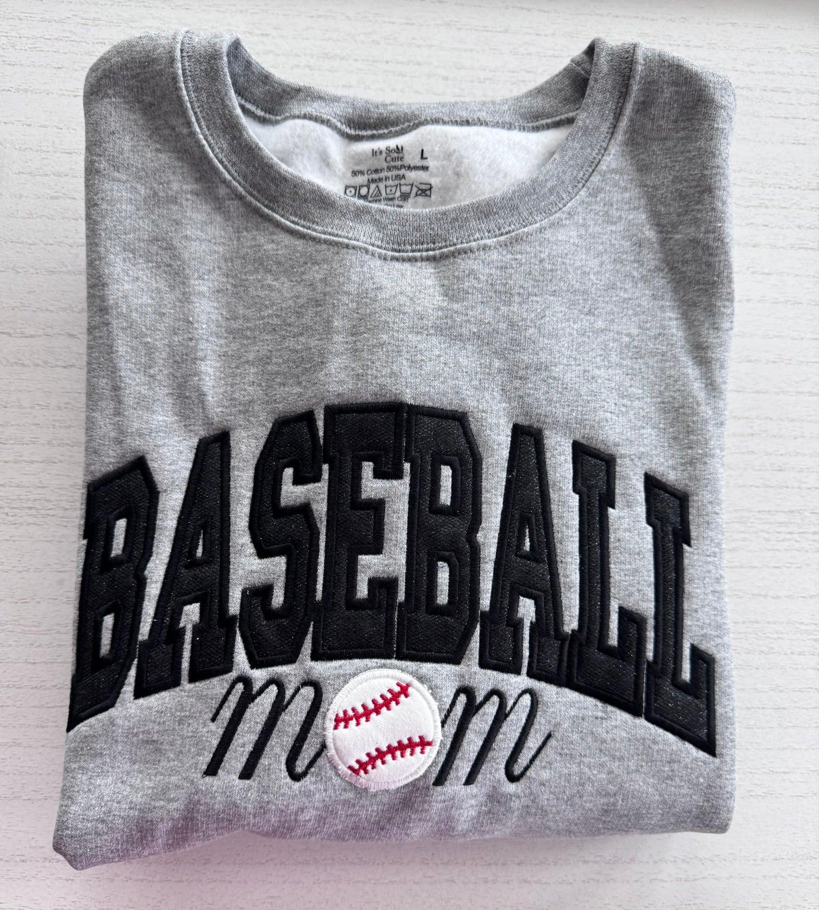 Baseball Mom embroidered crewneck custom varsity sweatshirt lifestyle photo