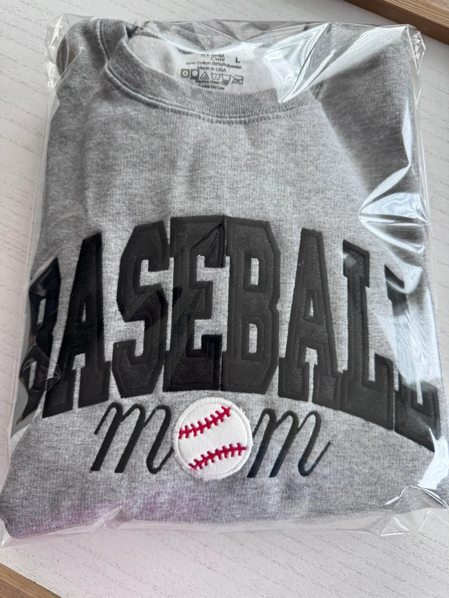 Baseball Mom custom embroidered sweatshirt varsity Mama crewneck detail