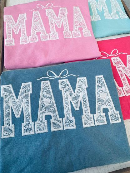 Personalized lace Mama shirt full view custom embroidered tee