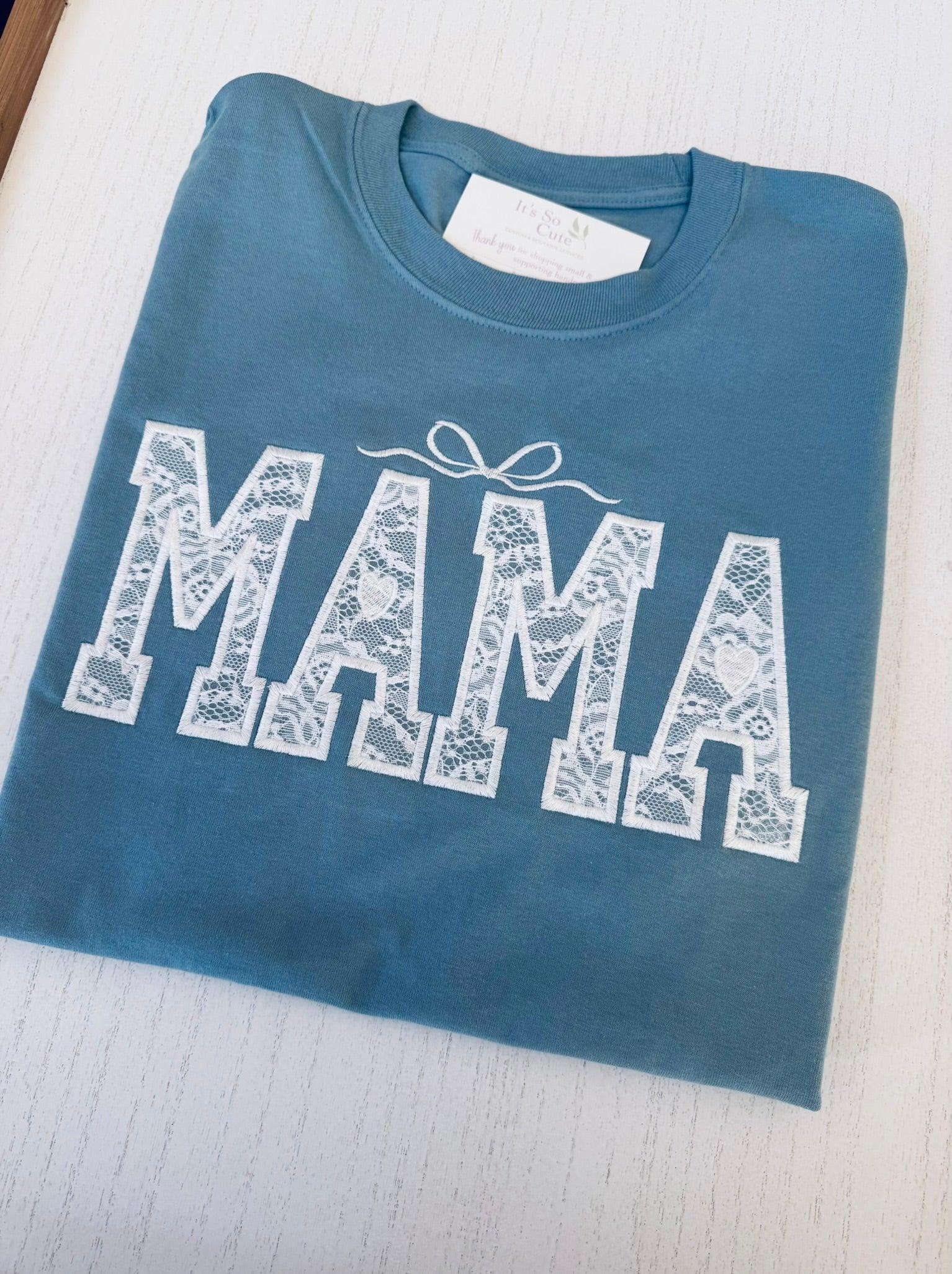 Close-up of personalized name embroidery on lace Mama tee