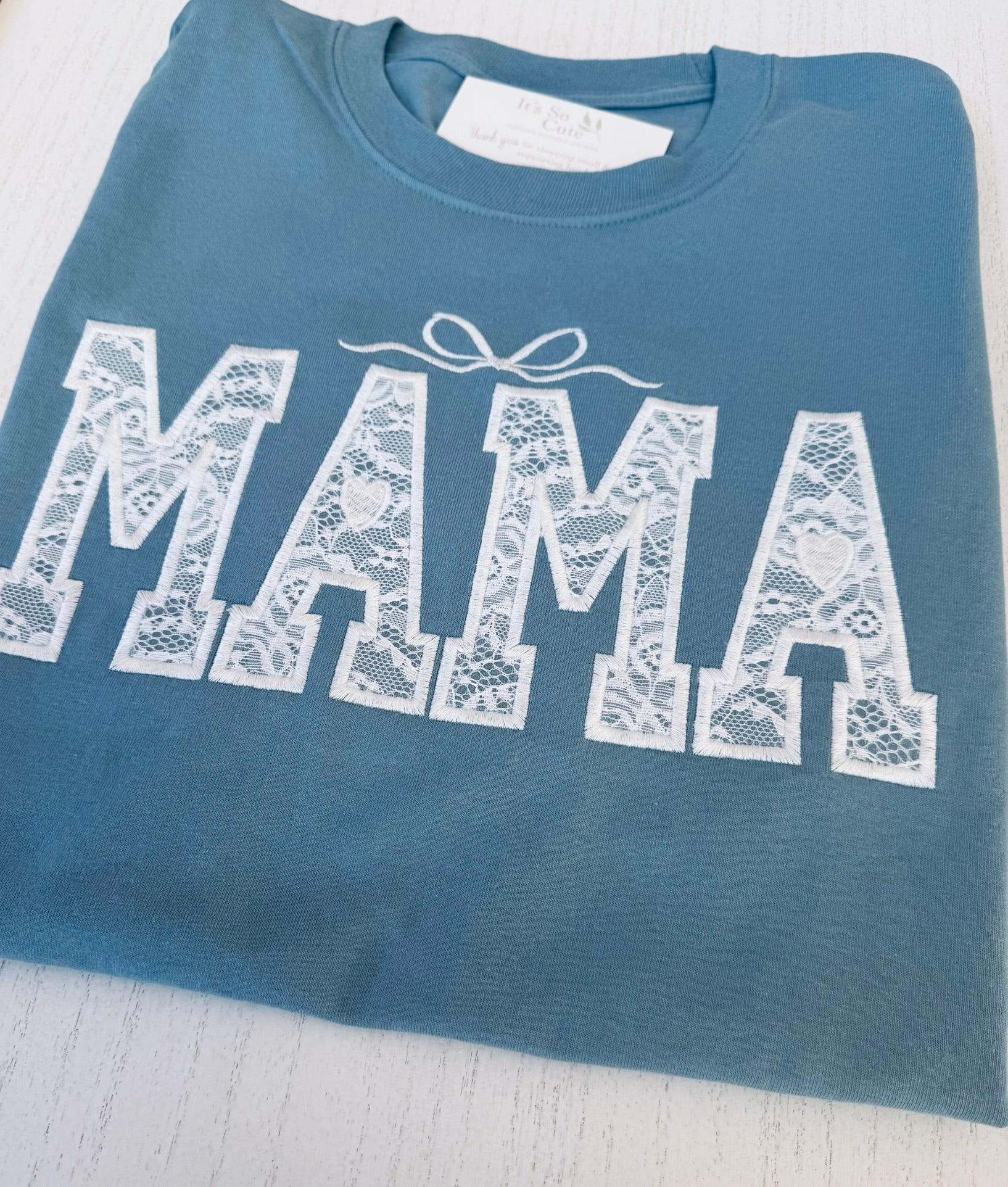 Custom lace Mama tee with personalized name embroidery