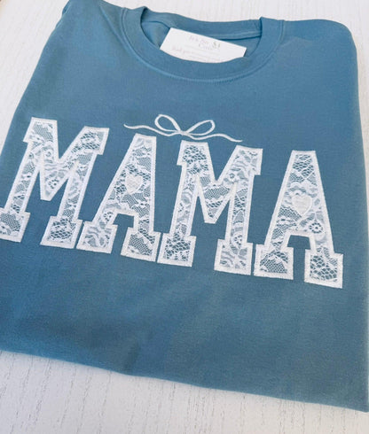 Custom lace Mama tee with personalized name embroidery