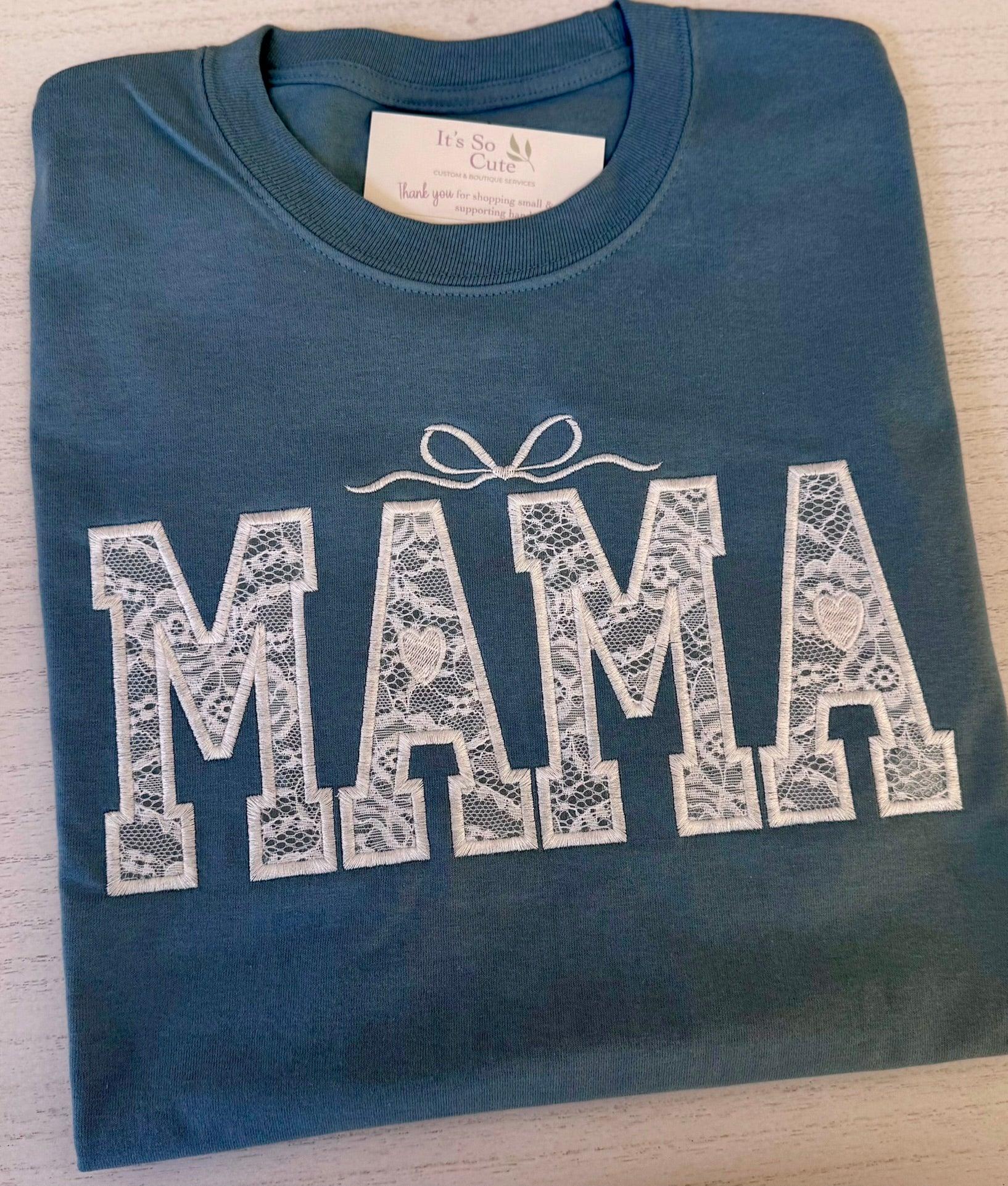 Close-up of lace embroidery detail on personalized Mama shirt