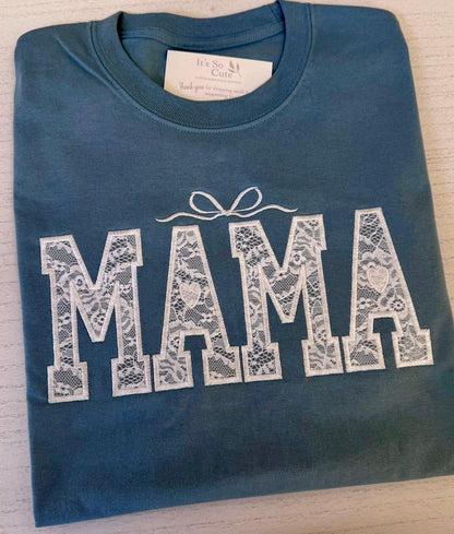 Close-up of lace embroidery detail on personalized Mama shirt