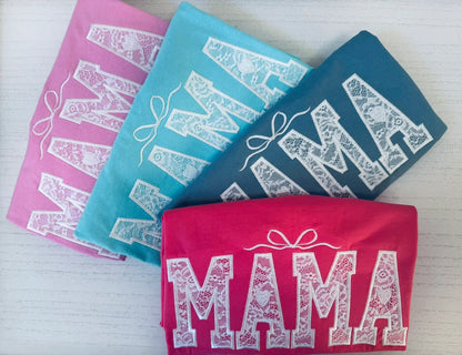 Lace embroidered Mama tee with custom name personalization