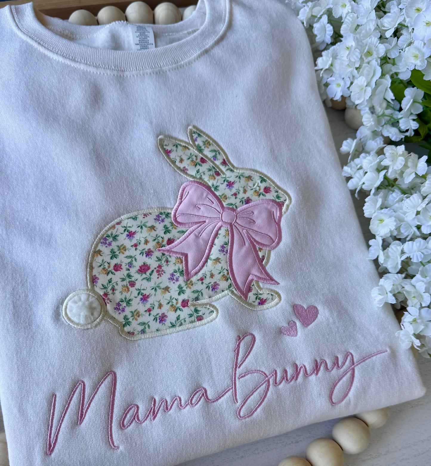 Mama Bunny Floral Appliqué Sweatshirt & Hoodie | Grandma Bunny | Custom Title | Sleeve Names