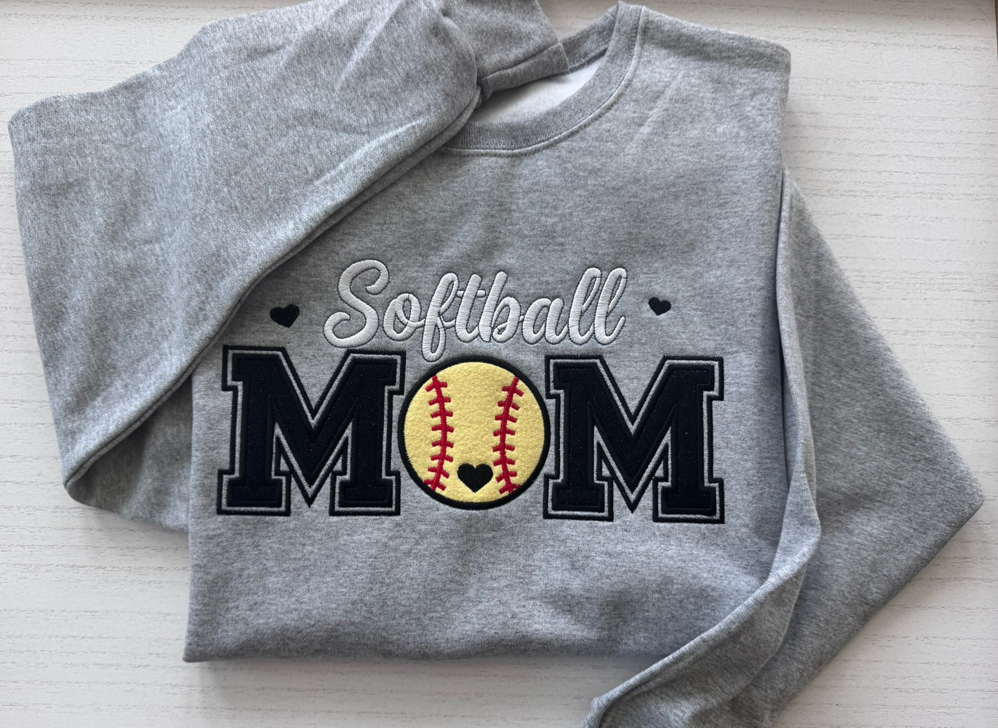 Embroidered Softball Mom Sweatshirt | Varsity Appliqué Crewneck | Custom Sleeve Name | It's So Cute®