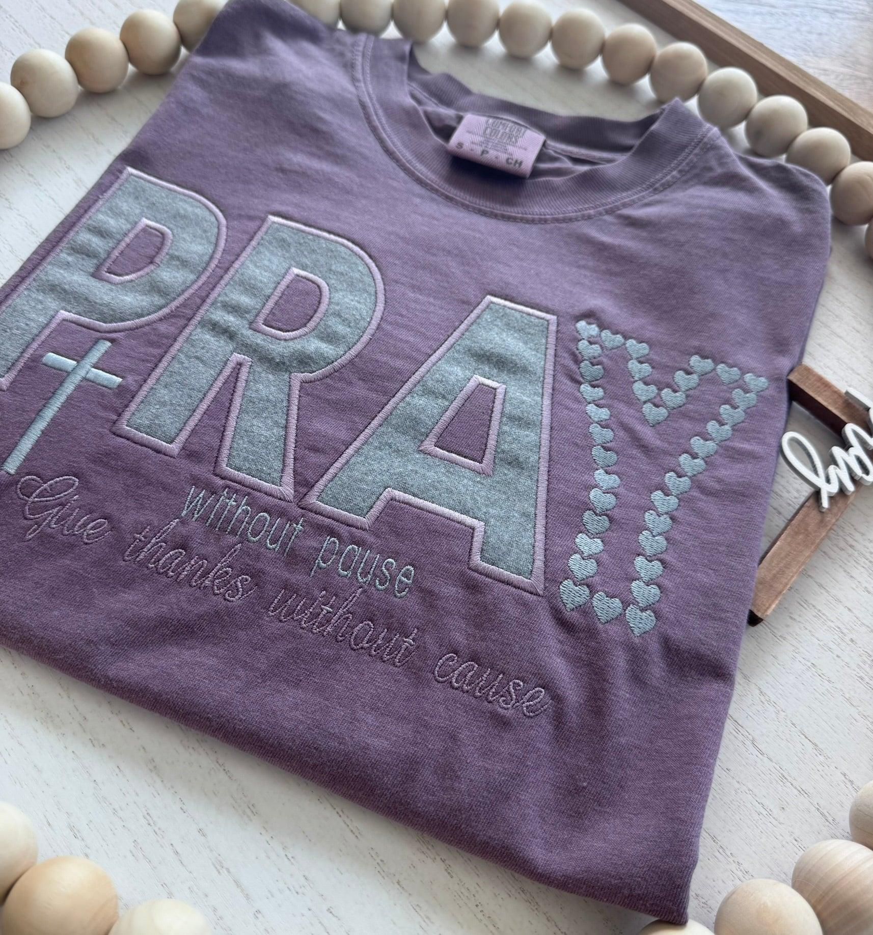 PRAY appliqué faith tee Comfort Colors garment dyed purple It's So Cute boutique