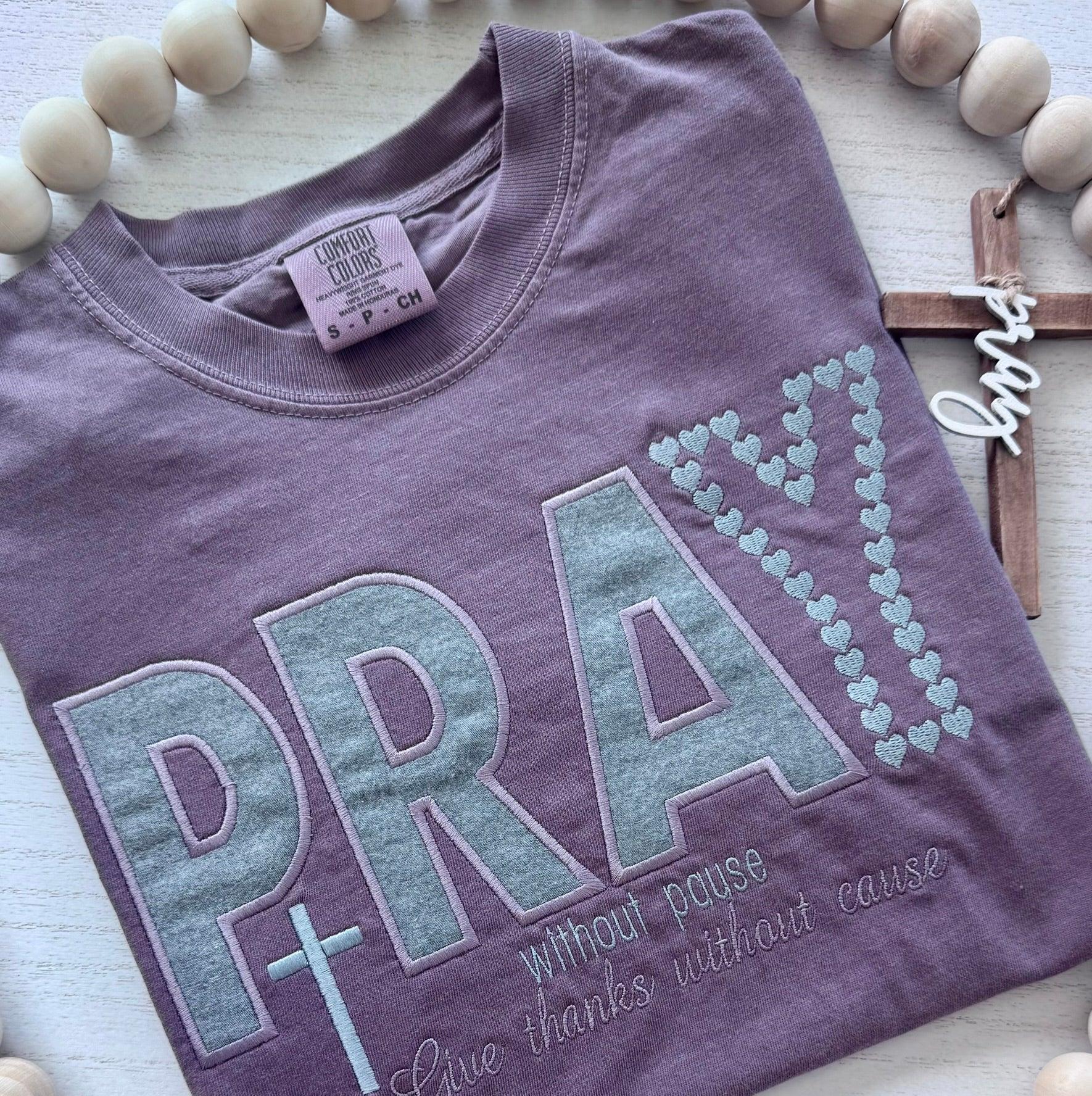  PRAY Christian embroidered shirt soft purple boutique handmade Texas