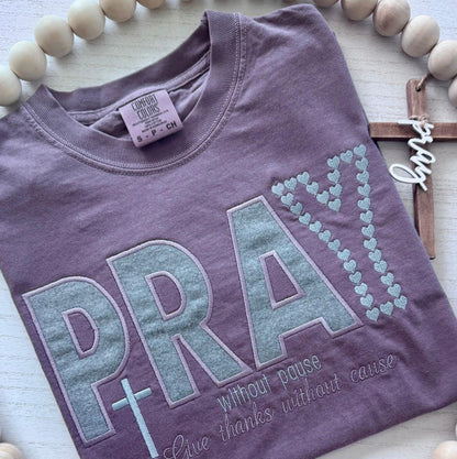  PRAY Christian embroidered shirt soft purple boutique handmade Texas