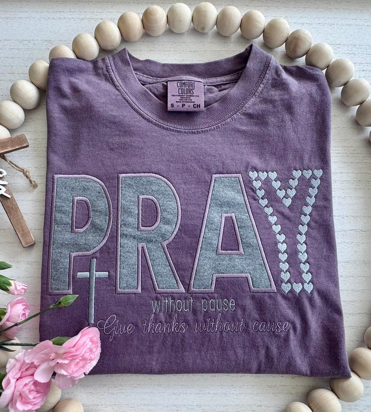 PRAY faith shirt heart embroidery detail Comfort Colors soft purple