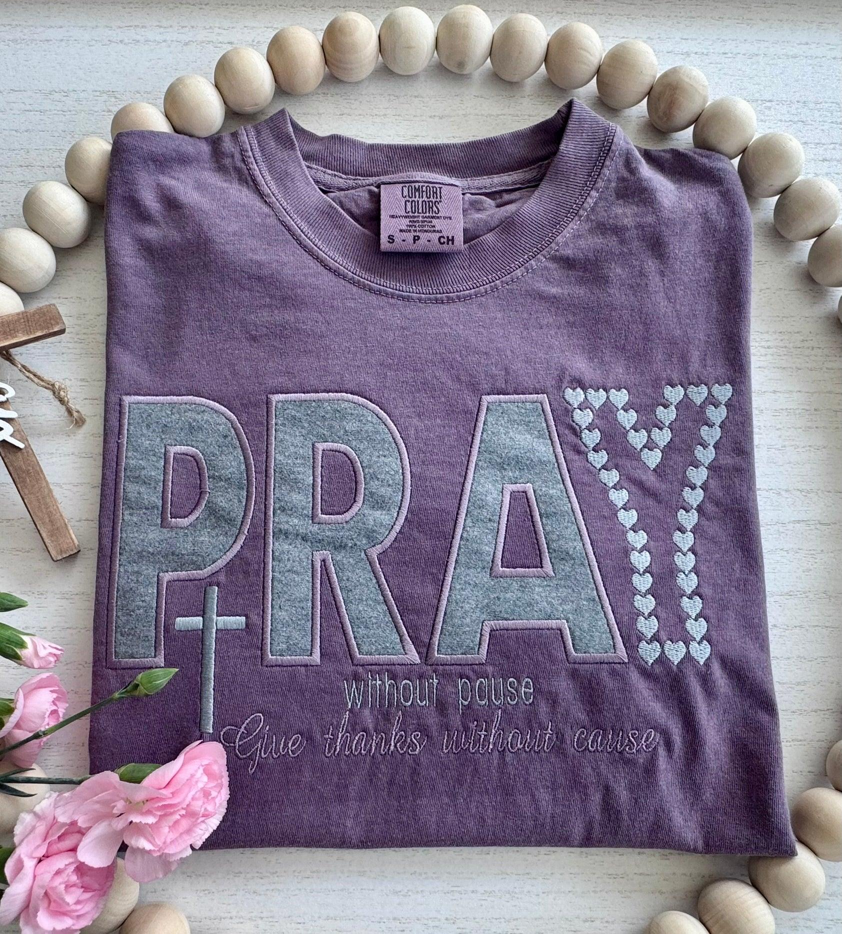 PRAY faith shirt heart embroidery detail Comfort Colors soft purple