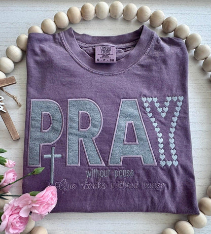 PRAY faith shirt heart embroidery detail Comfort Colors soft purple