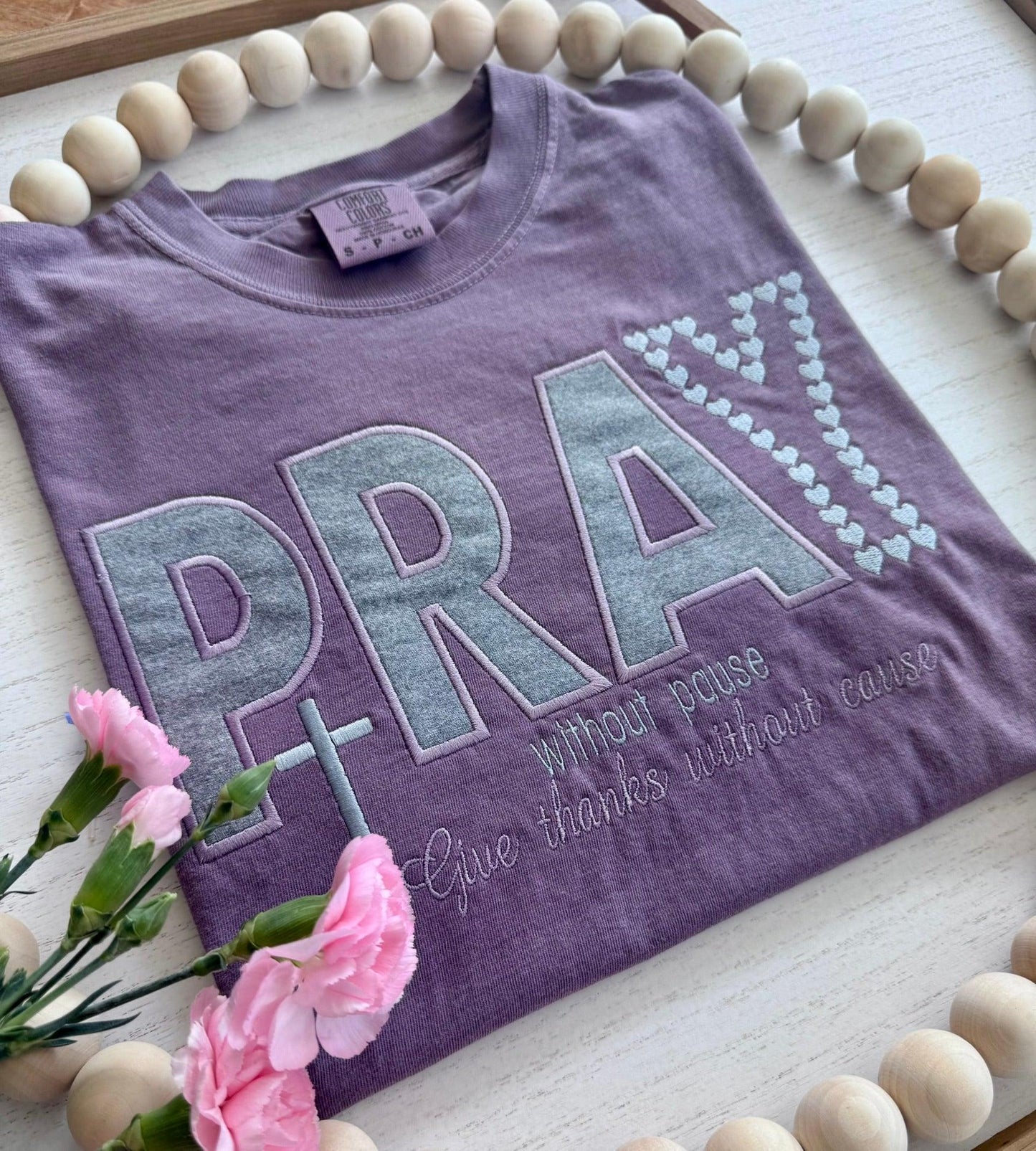  PRAY embroidered Comfort Colors tee soft purple appliqué faith shirt front view