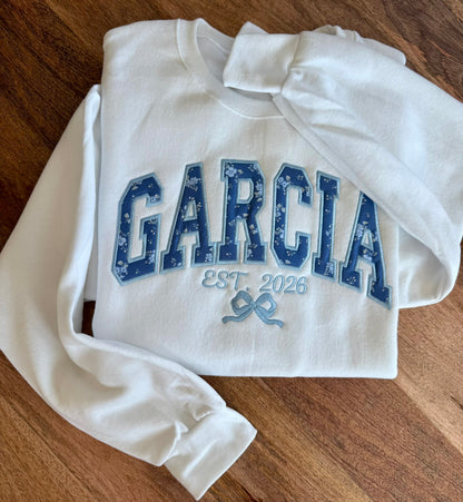 Custom Name Floral Appliqué Embroidered Sweatshirt | Personalized Last Name or Team