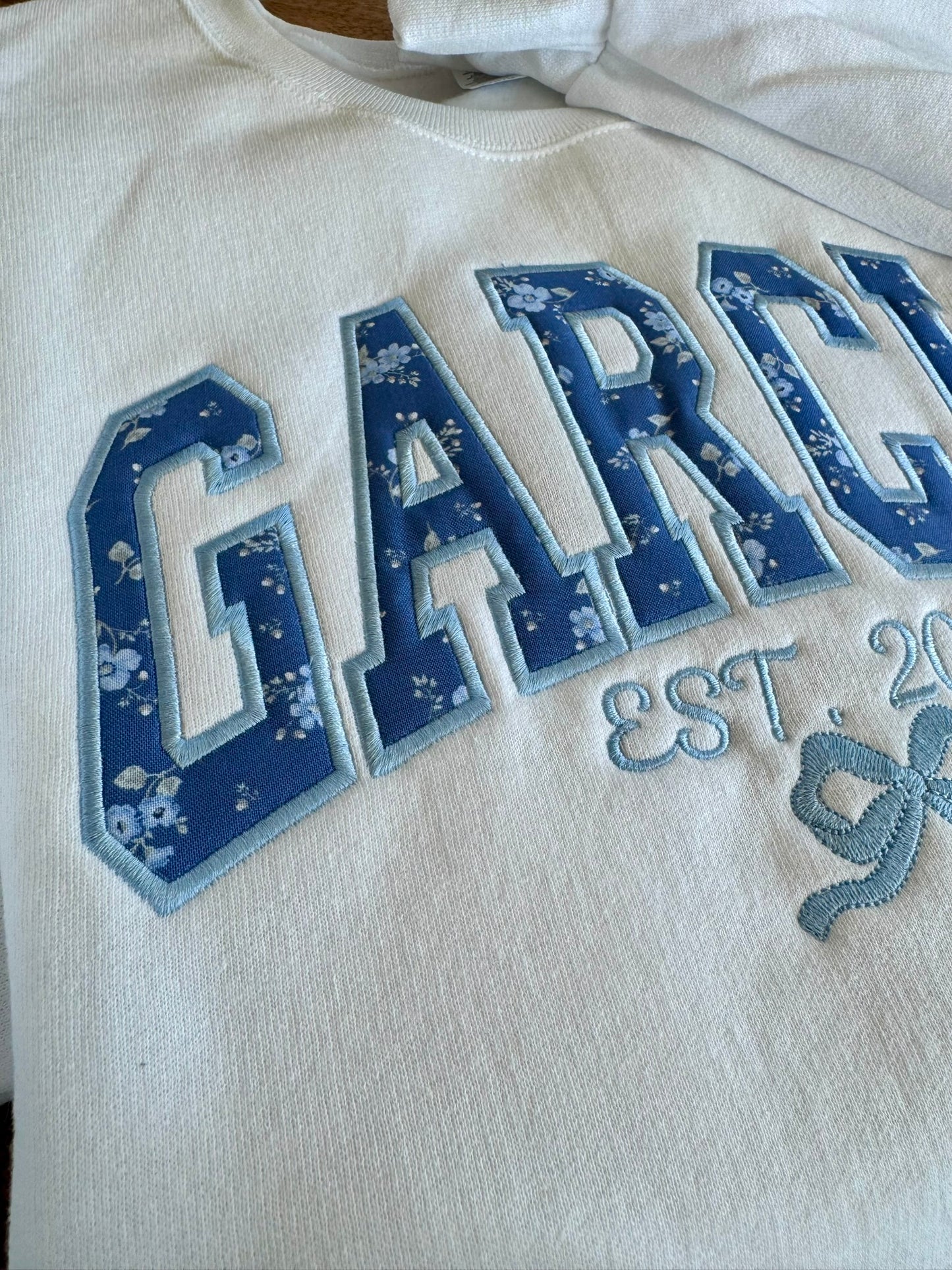 Custom Name Floral Appliqué Embroidered Sweatshirt | Personalized Last Name or Team