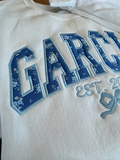 Custom Name Floral Appliqué Embroidered Sweatshirt | Personalized Last Name or Team
