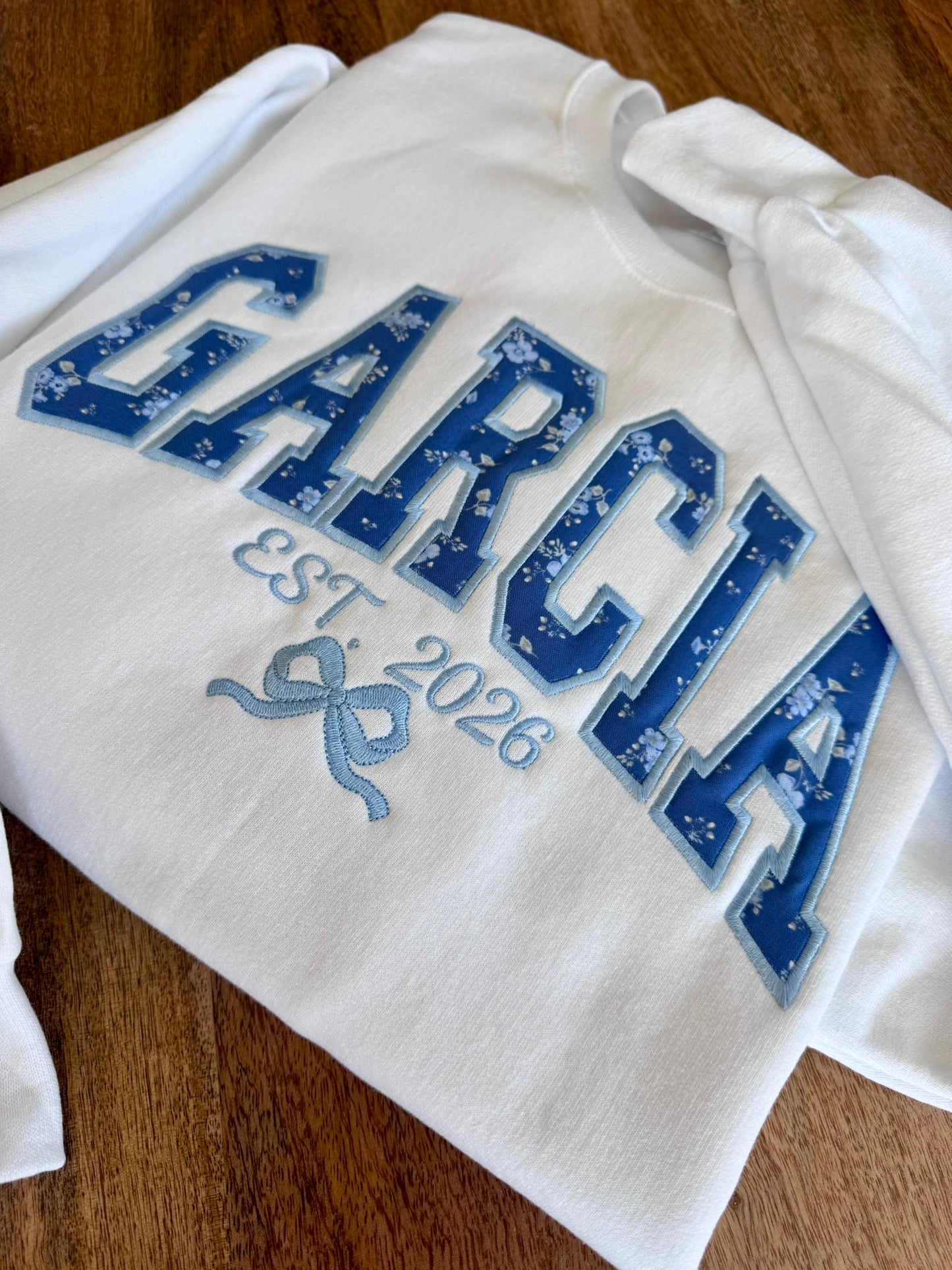 Custom Name Floral Appliqué Embroidered Sweatshirt | Personalized Last Name or Team