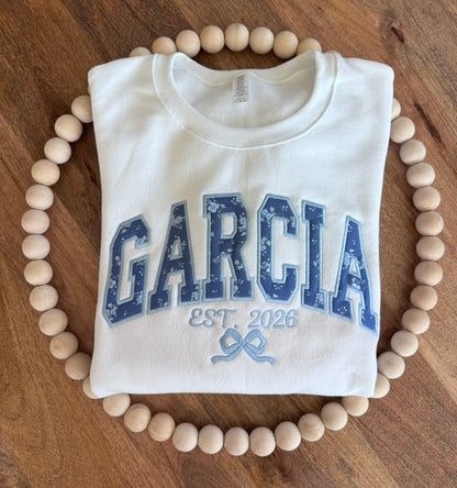 Custom Name Floral Appliqué Embroidered Sweatshirt | Personalized Last Name or Team