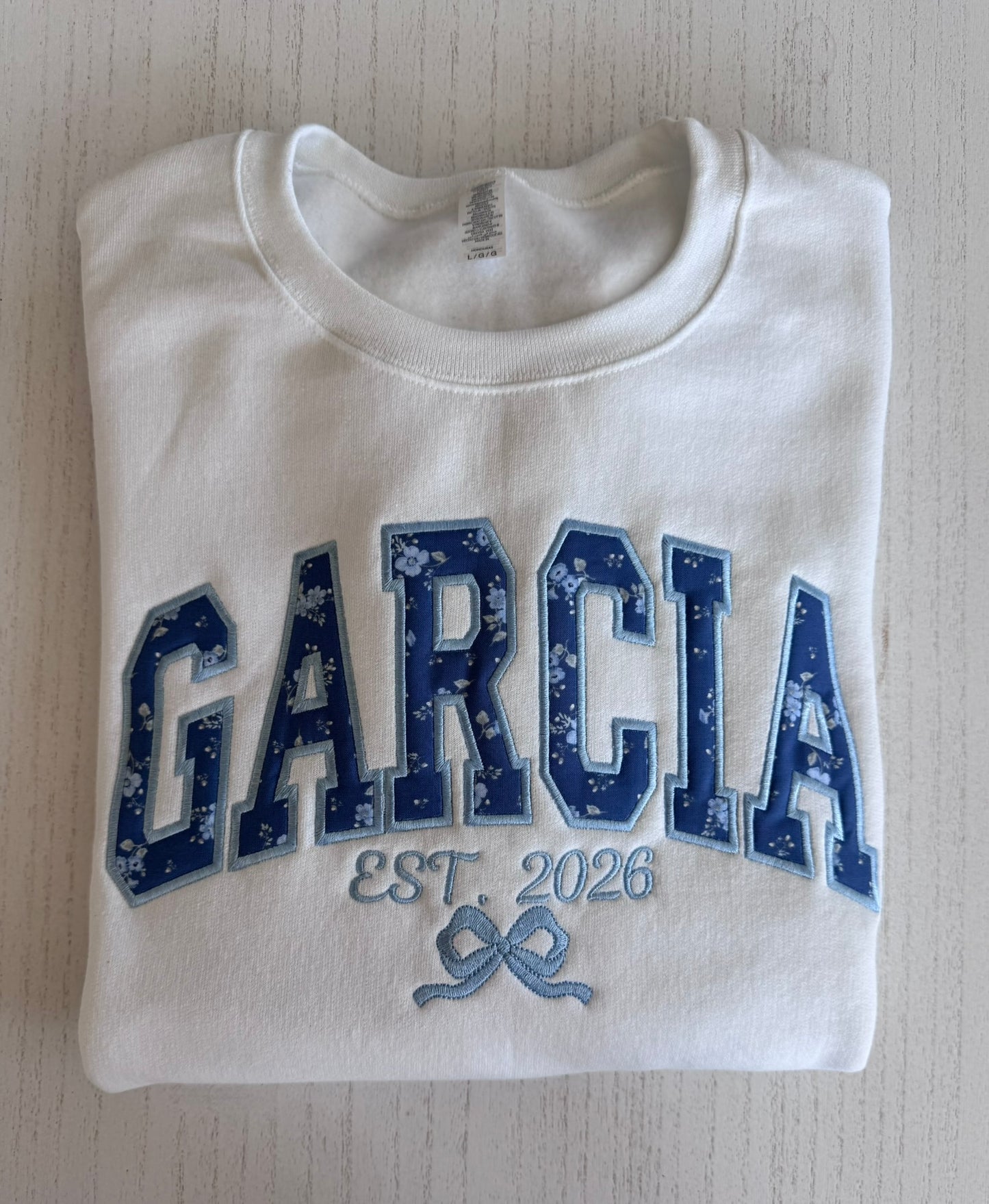 Custom Name Floral Appliqué Embroidered Sweatshirt | Personalized Last Name or Team
