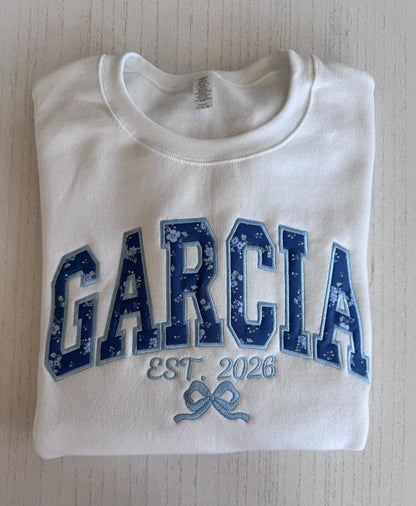 Custom Name Floral Appliqué Embroidered Sweatshirt | Personalized Last Name or Team