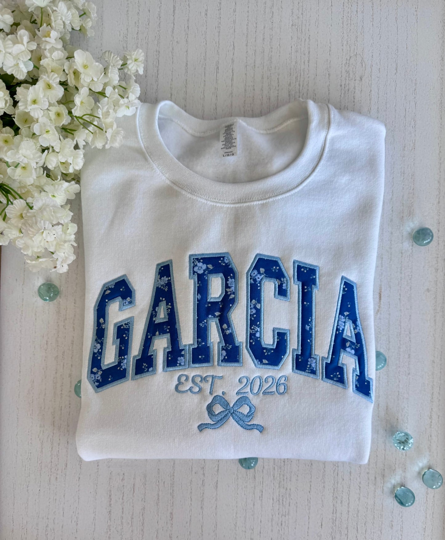 Custom Name Floral Appliqué Embroidered Sweatshirt | Personalized Last Name or Team