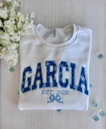 Custom Name Floral Appliqué Embroidered Sweatshirt | Personalized Last Name or Team