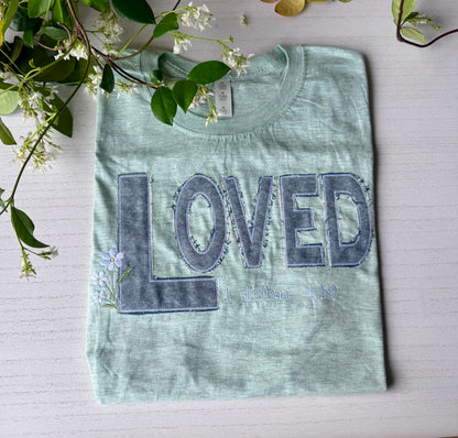 LOVED heather mint tee with frayed denim appliqué — Faith Collection