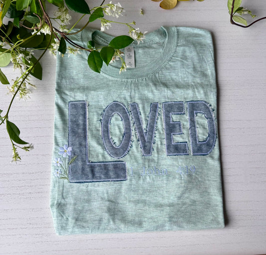 LOVED heather mint tee with frayed denim appliqué — Faith Collection