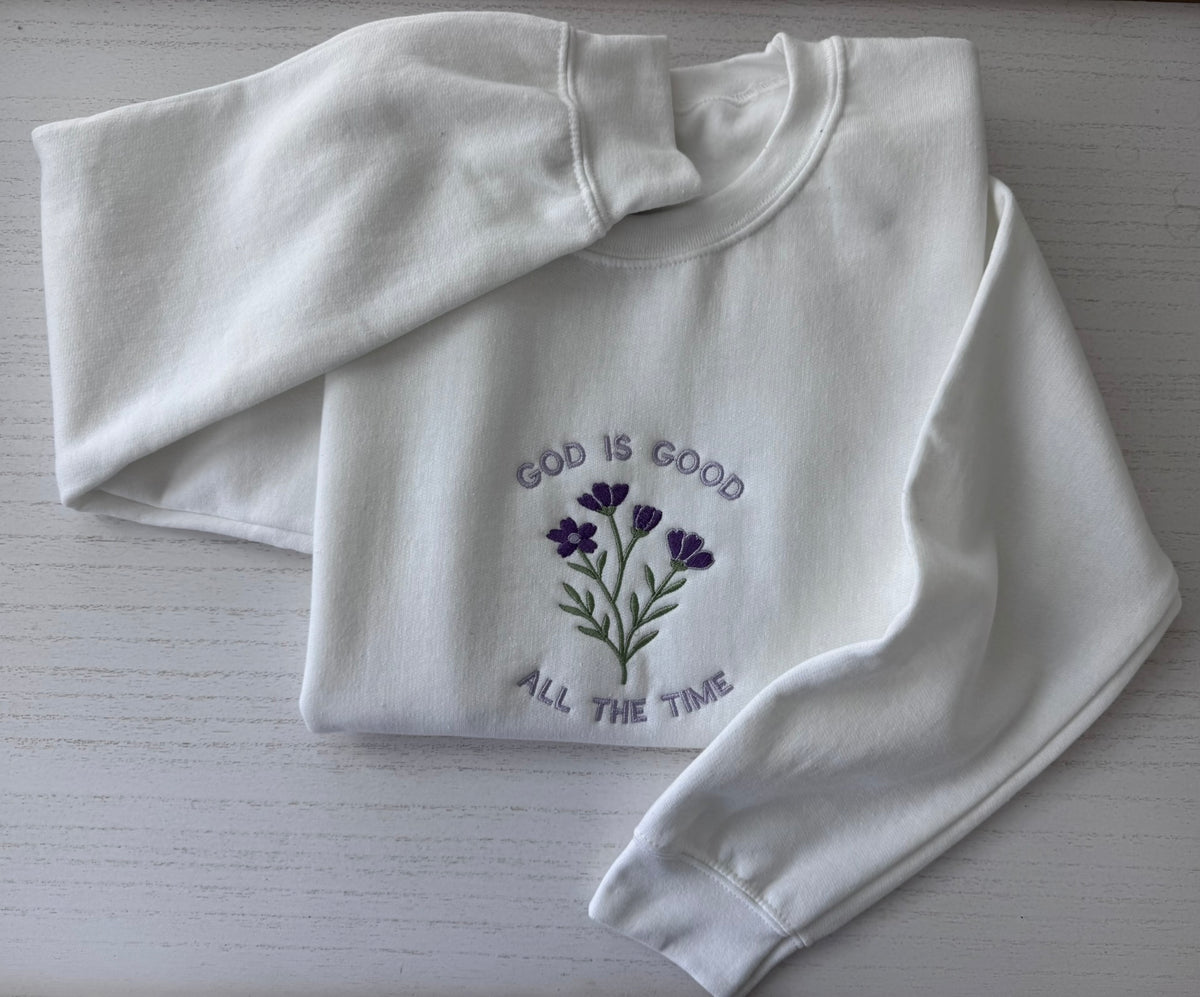 Sudadera bordada God Is Good All The Time | Sudadera cristiana floral | Regalo de fe