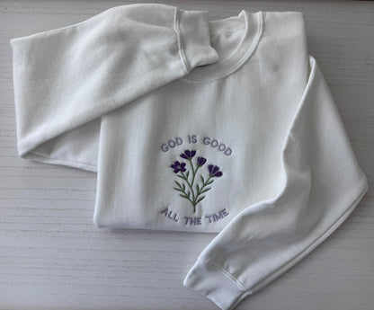 Sudadera bordada God Is Good All The Time | Sudadera cristiana floral | Regalo de fe