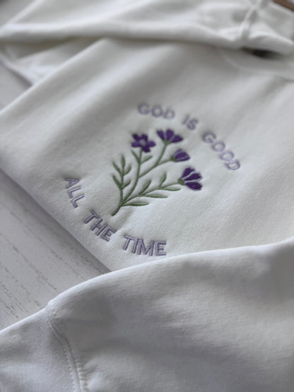 Sudadera bordada God Is Good All The Time | Sudadera cristiana floral | Regalo de fe