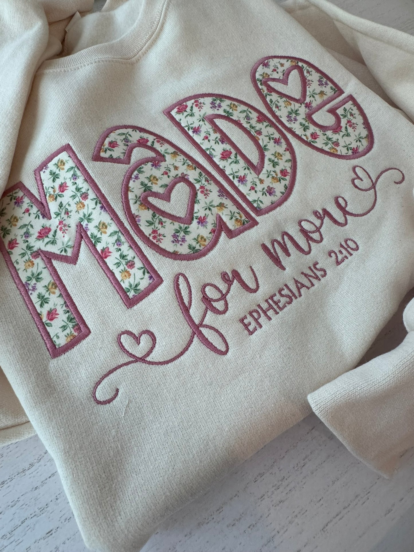 Made for More Floral Appliqué Christian Sweatshirt & Tee | Ephesians 2:10 | Faith Gift for Women