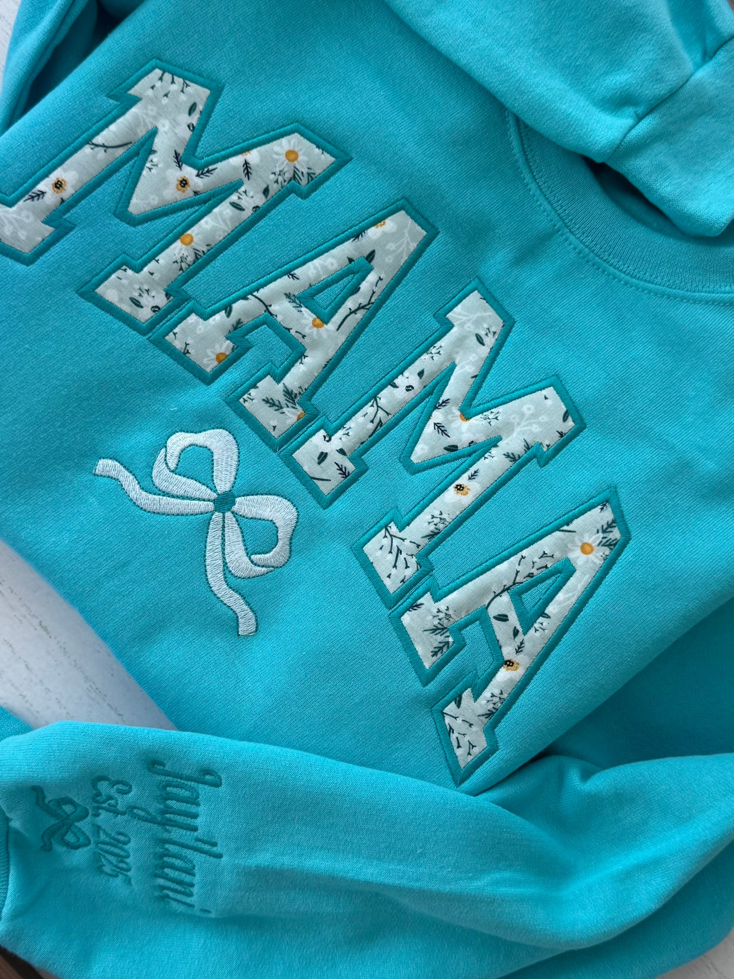 Personalized Wildflower Appliqué Mama Sweatshirt & Hoodie | Embroidered Bow | Custom Sleeve Names | Summer Gift