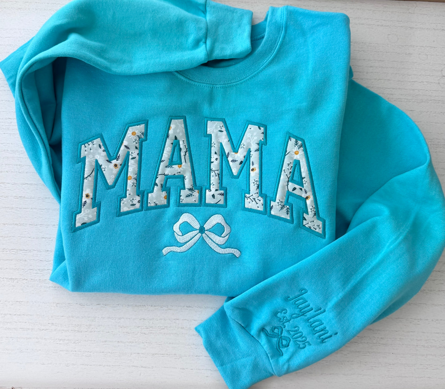 Personalized Wildflower Appliqué Mama Sweatshirt & Hoodie | Embroidered Bow | Custom Sleeve Names | Summer Gift