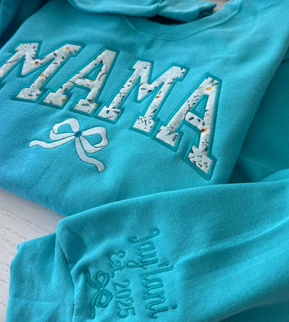 Personalized Wildflower Appliqué Mama Sweatshirt & Hoodie | Embroidered Bow | Custom Sleeve Names | Summer Gift