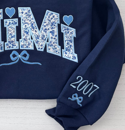 Personalized Blue Floral Appliqué Grandma Sweatshirt & Hoodie | Heart Detail | Custom Sleeve Names | MiMi Nana Gigi Gift
