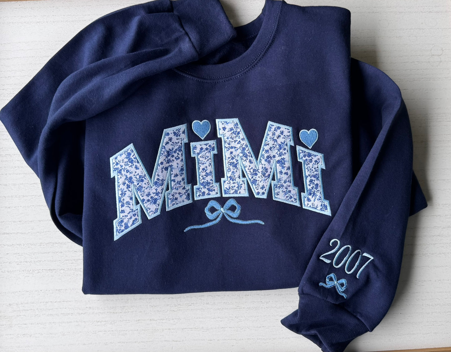 Personalized Blue Floral Appliqué Grandma Sweatshirt & Hoodie | Heart Detail | Custom Sleeve Names | MiMi Nana Gigi Gift