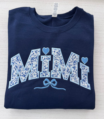 Personalized Blue Floral Appliqué Grandma Sweatshirt & Hoodie | Heart Detail | Custom Sleeve Names | MiMi Nana Gigi Gift