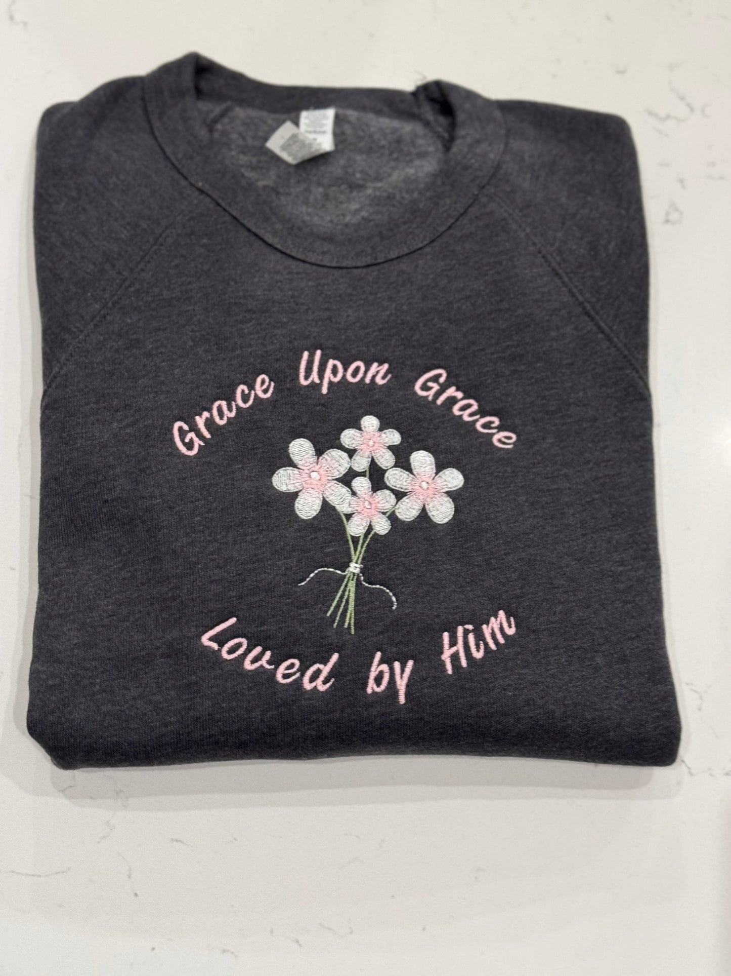 Grace Upon Grace Embroidered Christian Sweatshirt – Loved by him, Faith Crewneck