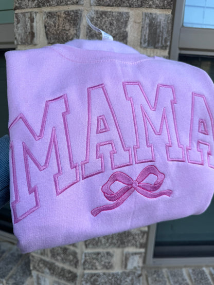 Coquette Bow MAMA Sweatshirt & Hoodie | Custom Title | Tonal Embroidery | Sleeve Names
