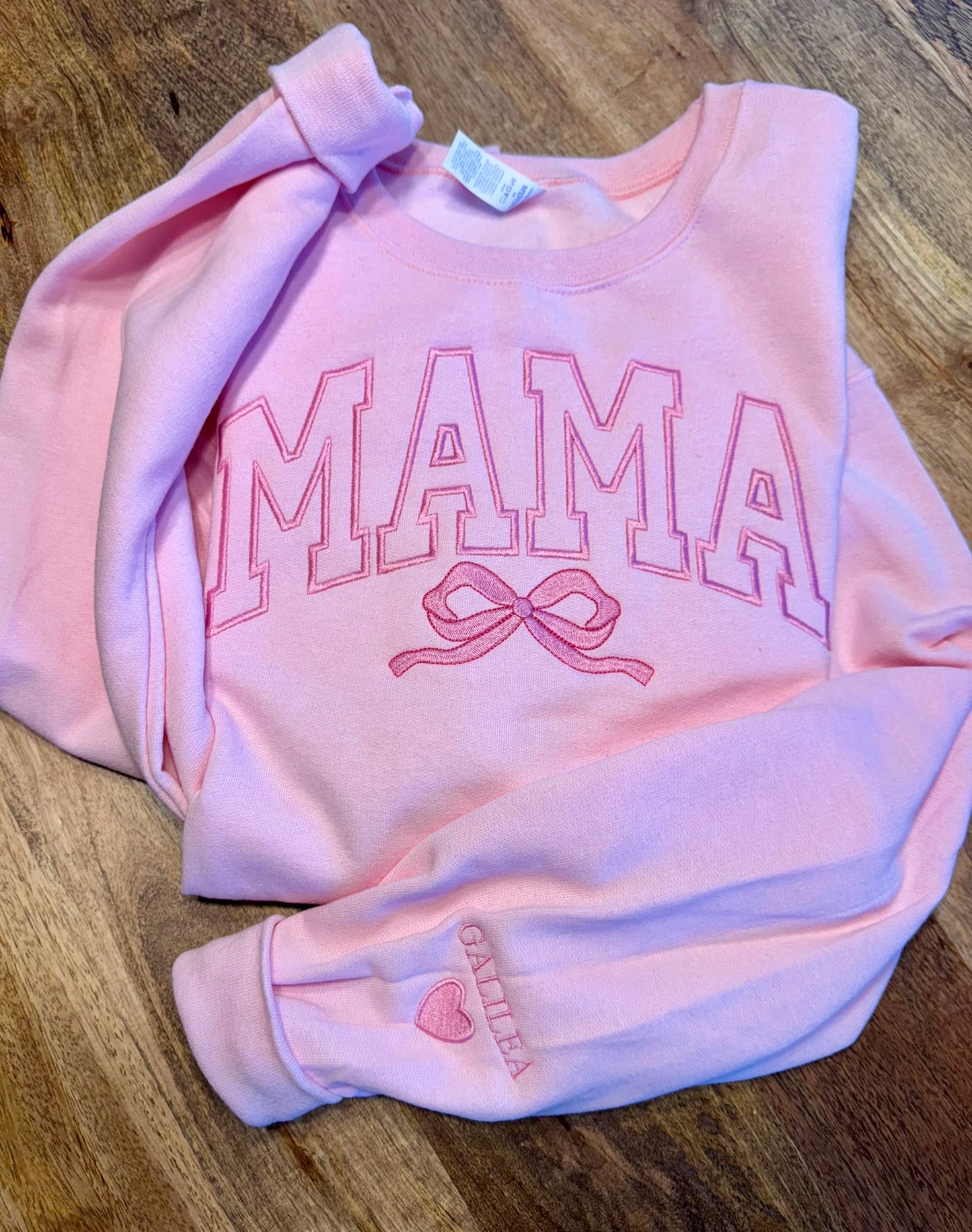 Coquette Bow MAMA Sweatshirt & Hoodie | Custom Title | Tonal Embroidery | Sleeve Names