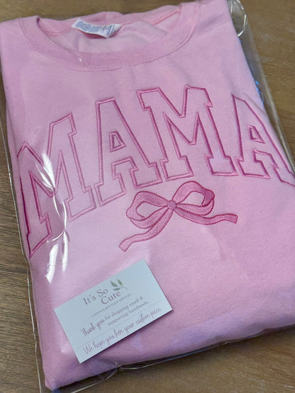 Coquette Bow MAMA Sweatshirt & Hoodie | Custom Title | Tonal Embroidery | Sleeve Names