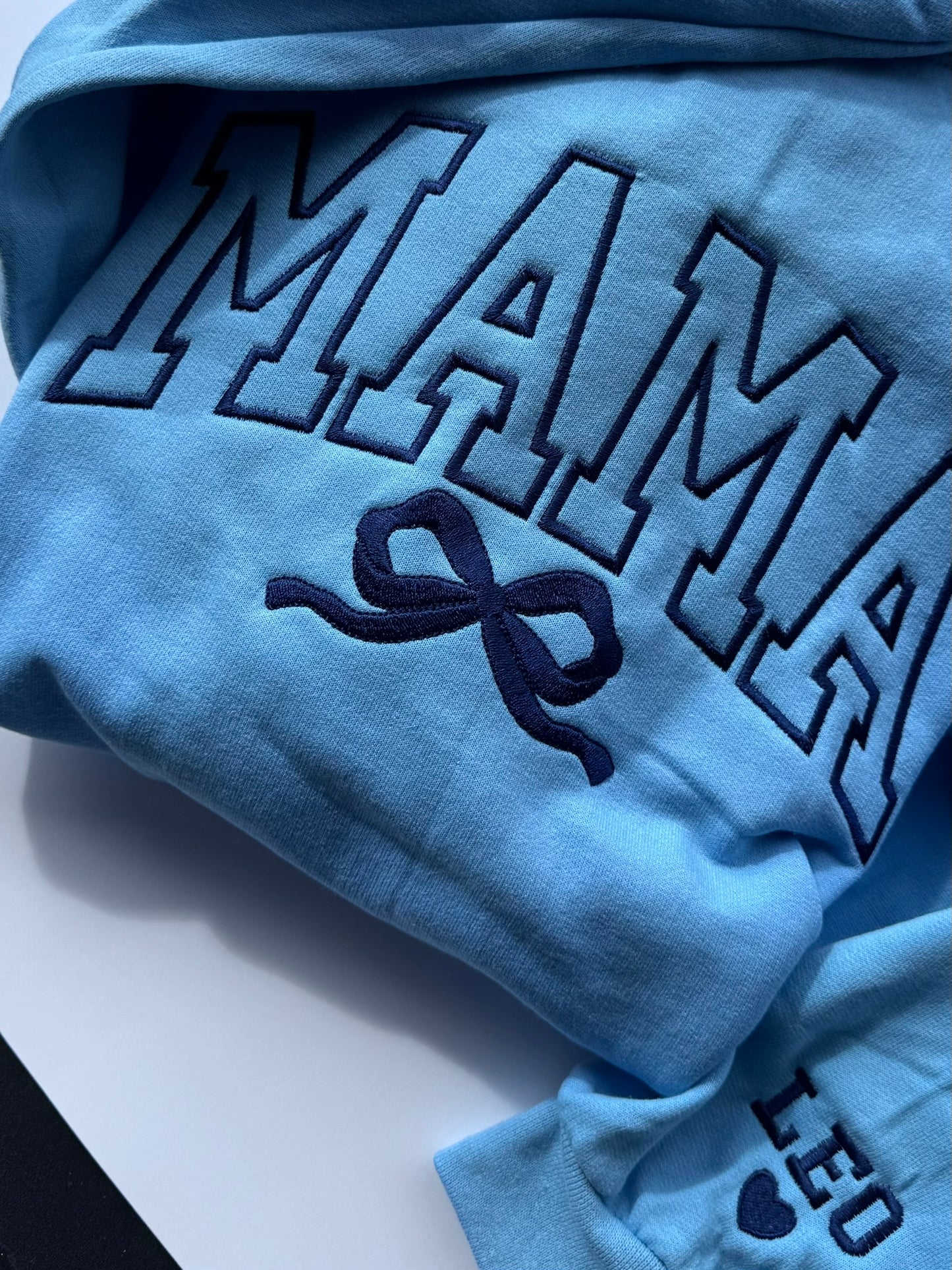 Coquette Bow MAMA Sweatshirt & Hoodie | Custom Title | Tonal Embroidery | Sleeve Names