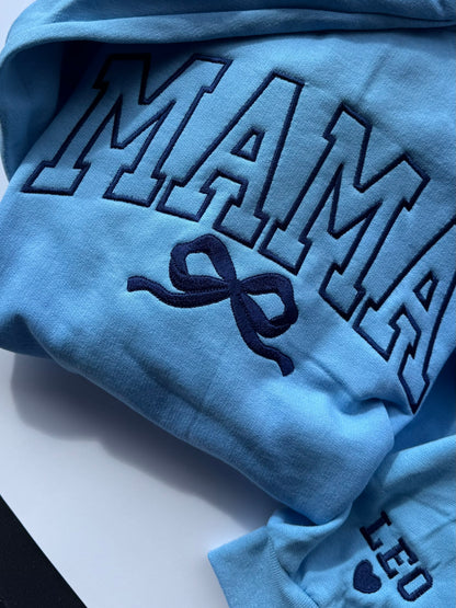 Coquette Bow MAMA Sweatshirt & Hoodie | Custom Title | Tonal Embroidery | Sleeve Names