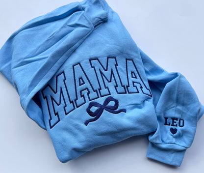 Coquette Bow MAMA Sweatshirt & Hoodie | Custom Title | Tonal Embroidery | Sleeve Names