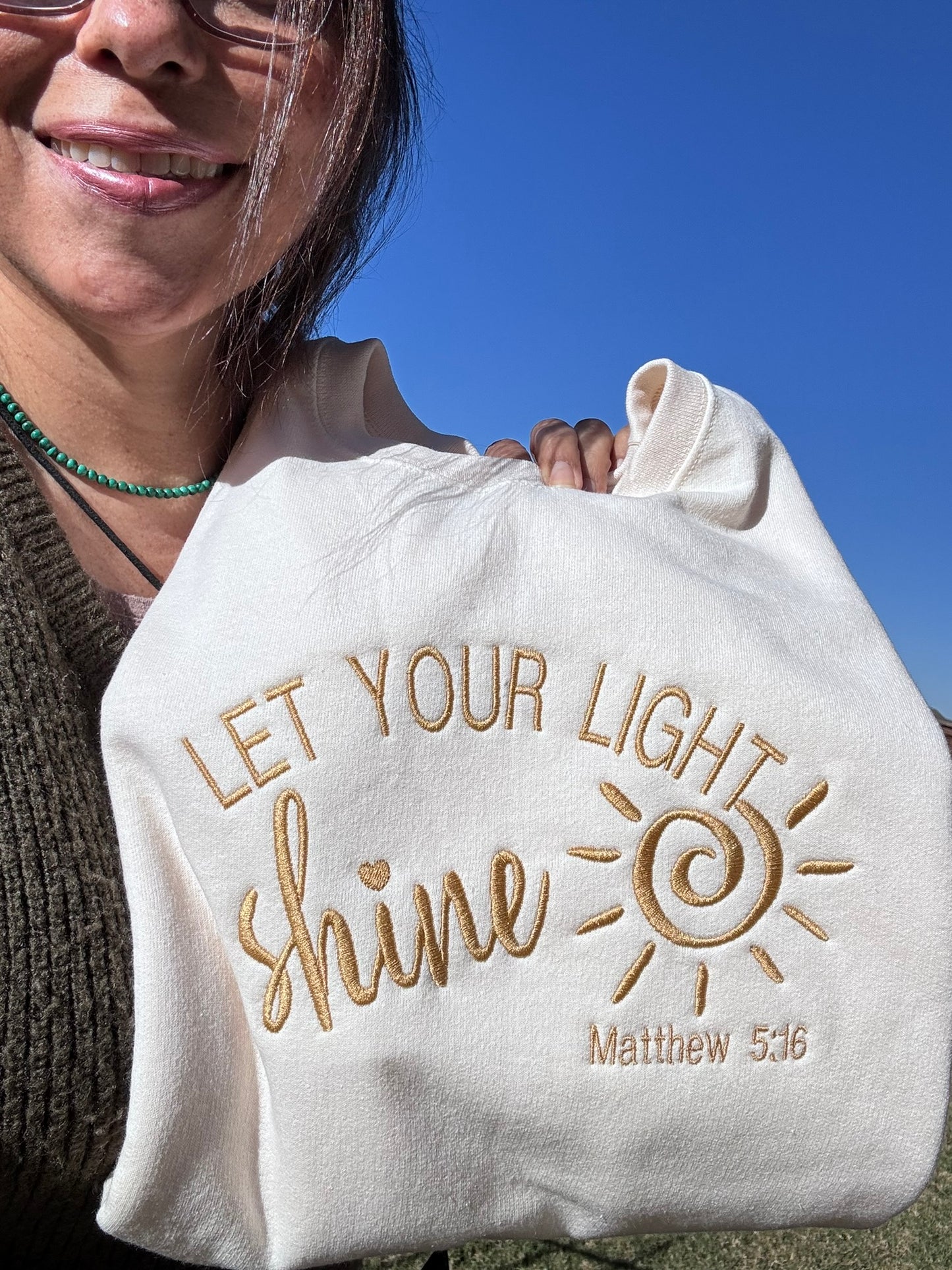Let Your Light Shine Sweatshirt, Christian Embroidered Crewneck, Matthew 5:16 Bible Verse, Christian Gift for woman