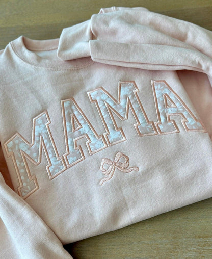 Detail of floral embroidery on personalized Mama sweatshirt