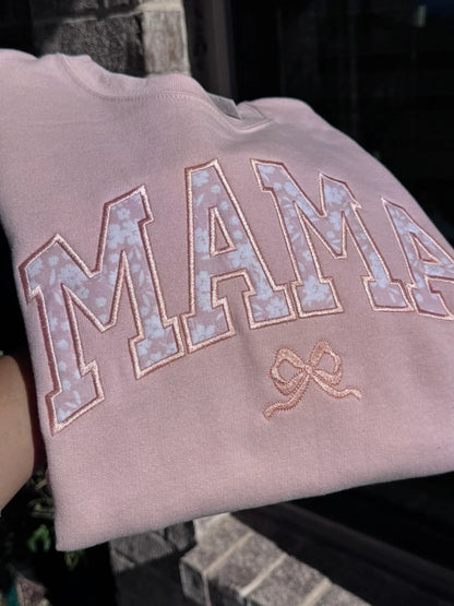 Custom name Mama sweatshirt with floral appliqué sleeve embroidery