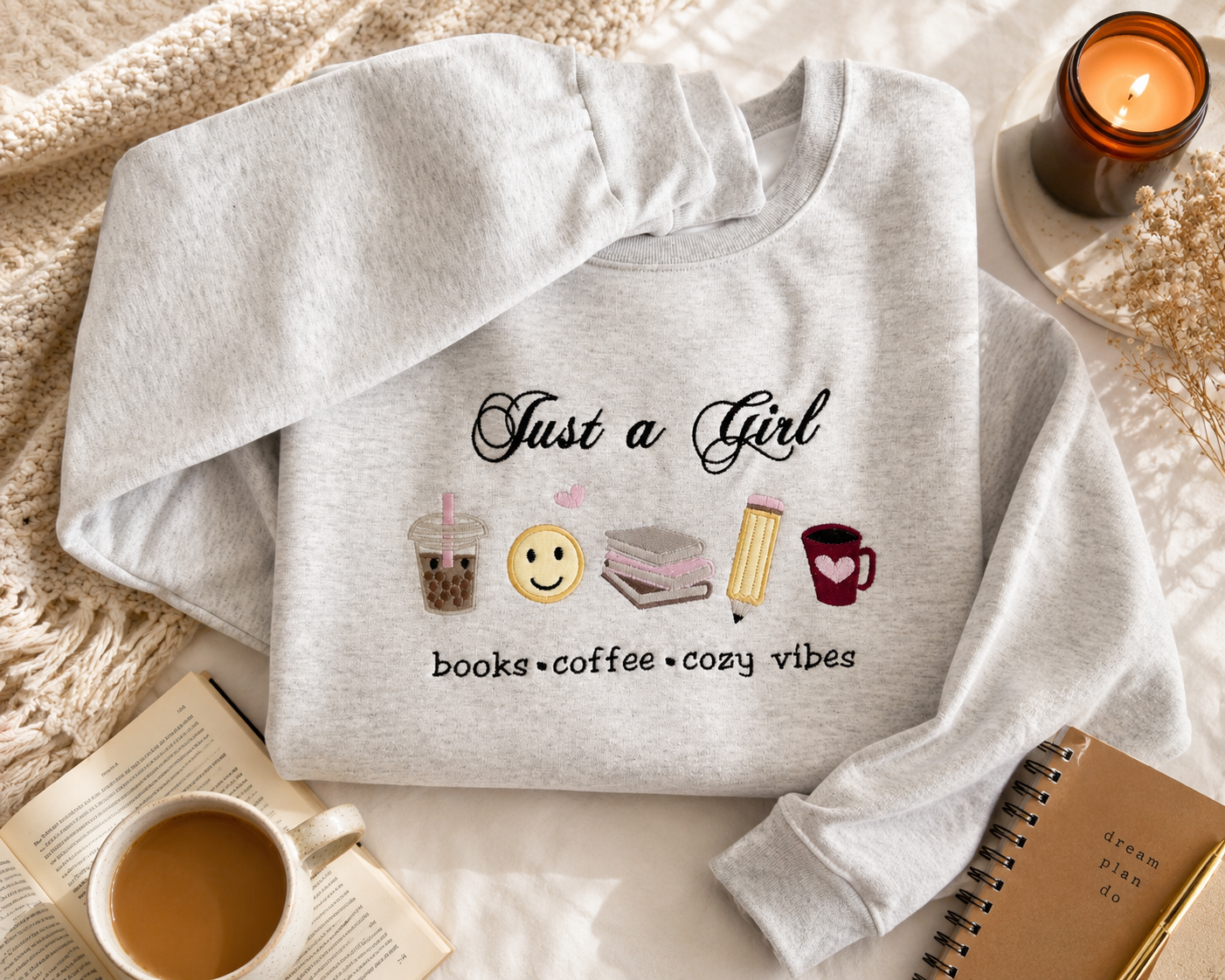 Cozy Book Lover Sweatshirt, Just A Girl Embroidered Sweatshirt, Coffee Lover Crewneck, Reader Aesthetic Sweater, Cozy Girl Gift